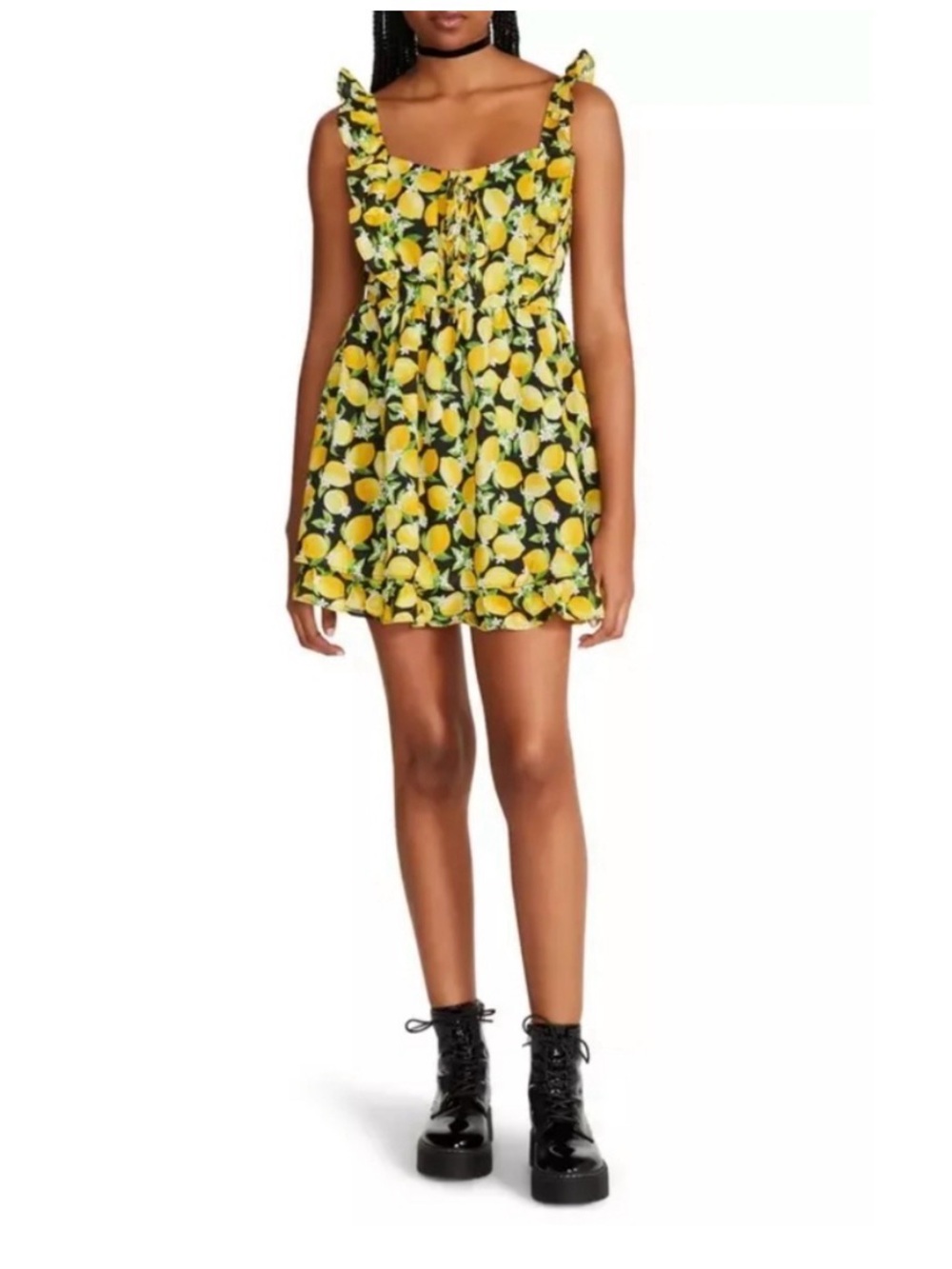 Betsey Johnson NWT Layla Lemon Mini Dress Sweetheart Lace-Up Ruffle Cotton - Picture 2 of 7